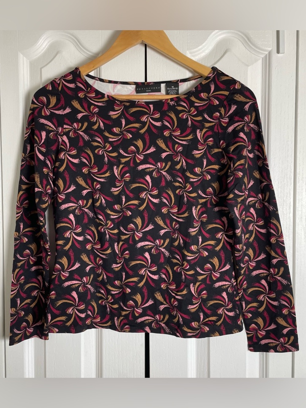Apostrophe Ribbon Bow Print Top Women’s M Petite Black Gold Pink Long Sleeve
